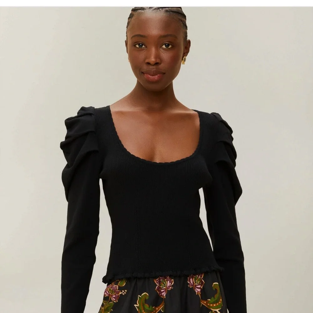 FARM Rio XL Ribbed Blouse with Ruffled Sleeves Black and Blush available - Picture 4 of 4